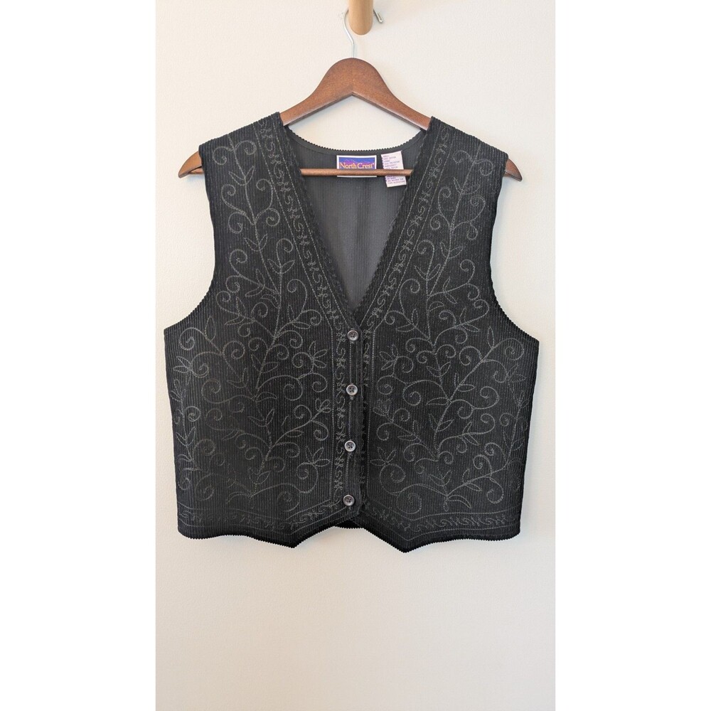 Vtg 90s North Crest Embroidered Vest M Western Black Corduroy Cottage Prairie